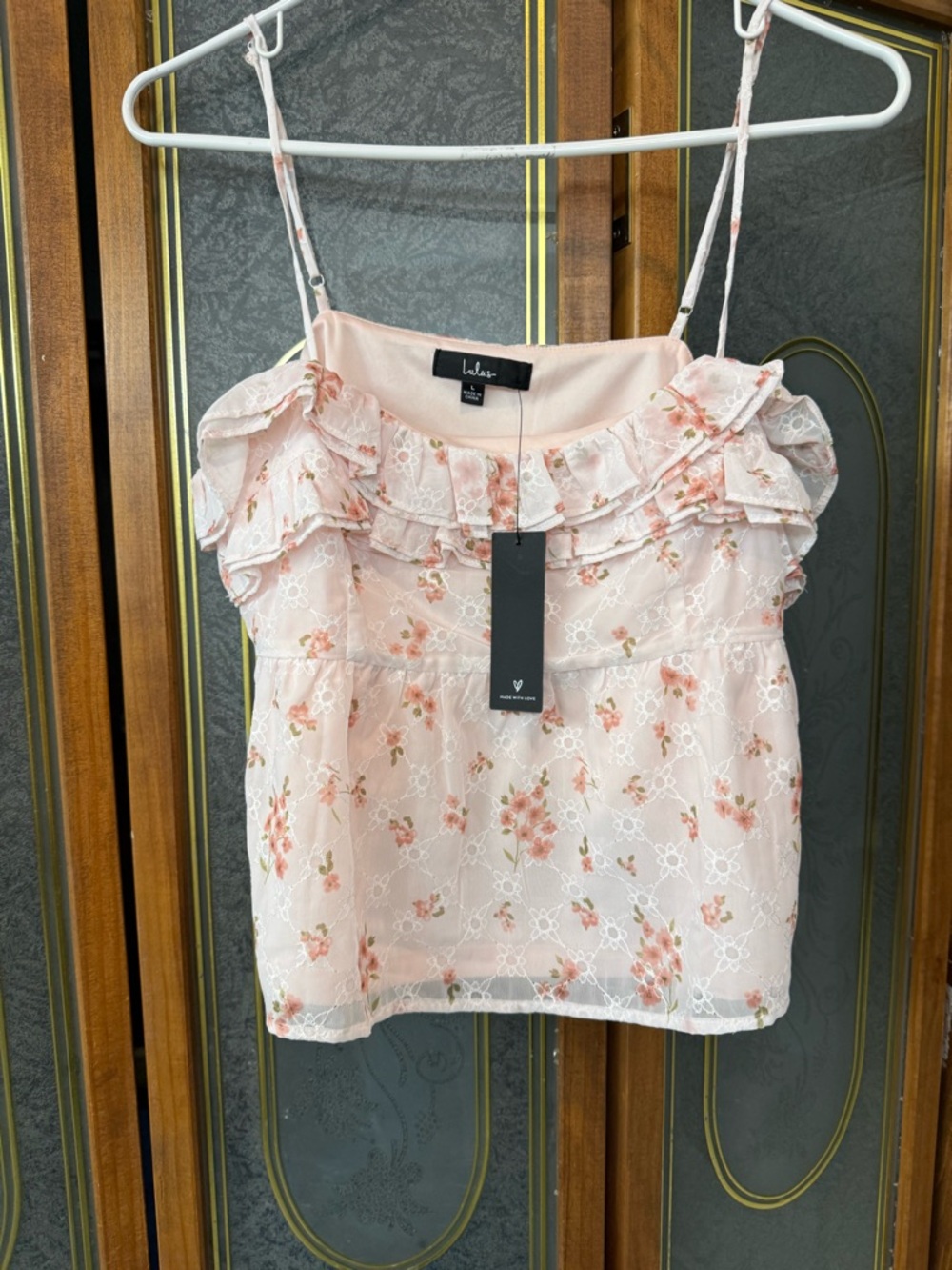 Lulu's Pink Floral Ruffle Chiffon Cami, BRAND NEW
